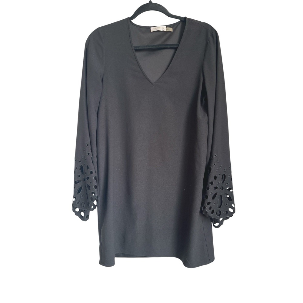 Ramy Brook Black‎ V-Neck Shift Black Dress Eyelet Laser Cut Cuffs Womens Size XS